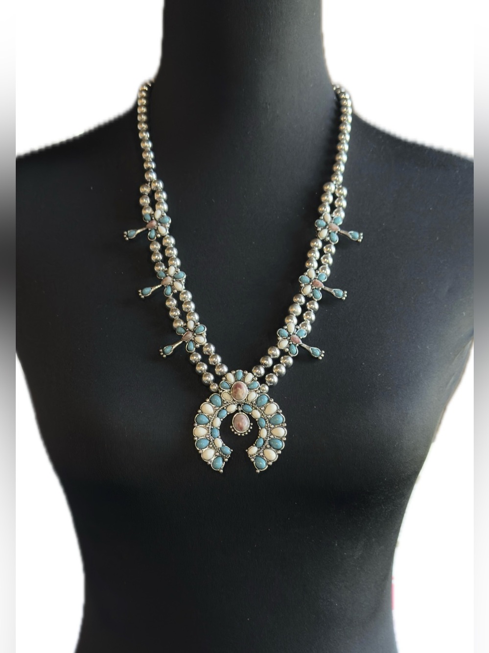 14”adjustable Shyanne Silver and Turquoise Double-Strand Squash Blossom Necklace